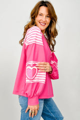 Strawberry Pink Heart Shape Striped Patchwork Long Sleeve Loose Top
