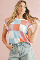 Fiery Red Checkered Color Block Cap Sleeve Knitted Top