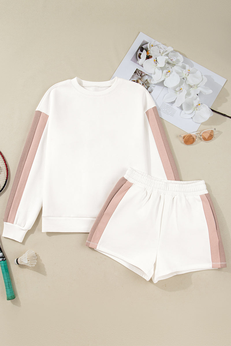 White Colorblock Patchwork Drop Shoulder Pullover Casual Shorts Outfit