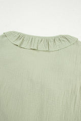 Meadow Mist Green Bow Tie Front Ruffle Trim V Neck Long Sleeve Blouse