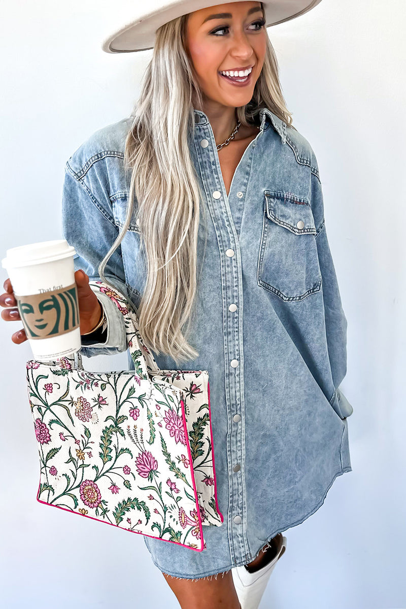 Beau Blue Chest Pocket Raw Hem Denim Loose Shirt Dress