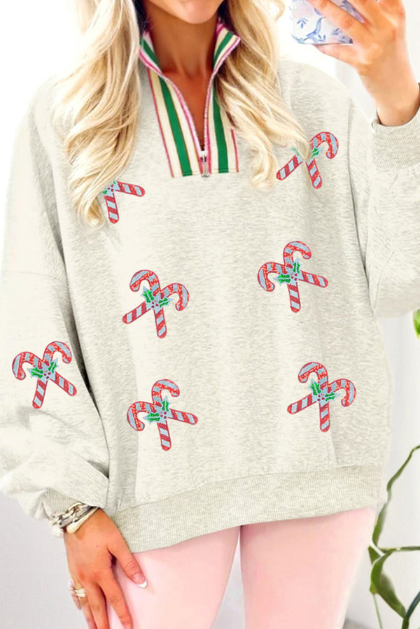 Light Grey Sequin Candy Canes Contrast Collar Patchwork Loose Sweatshirt