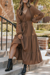 Chestnut Solid Long Sleeve Button V Neck Tiered Maxi Dress