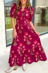 Red Floral Print Frilled V Neck Short Sleeve Ruffle Maxi Dress