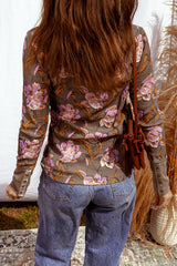 Brown Floral Print Waffle Textured Long Sleeve Top