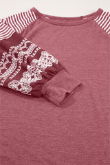 Tillandsia Purple Contrast Print Striped Raglan Long Sleeve Loose Top