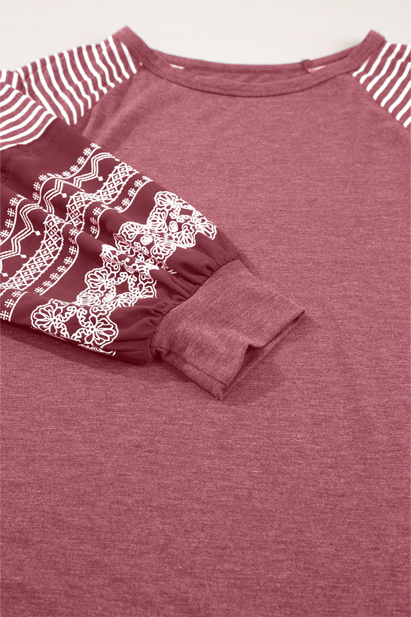 Tillandsia Purple Contrast Print Striped Raglan Long Sleeve Loose Top