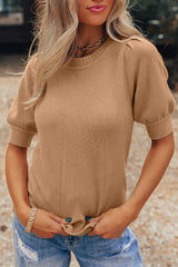 Light French Beige Solid Color Knit Short Puff Sleeve Sweater