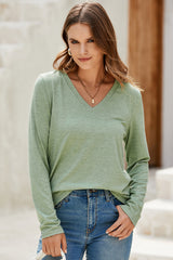 Grass Green Solid Color V Neck Long Sleeve Stretchy Top