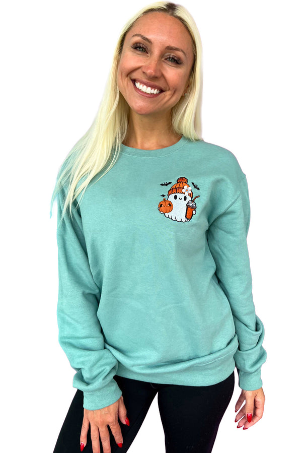 Aruba Blue Cute Halloween Ghost Embroidered Sweatshirt