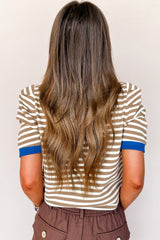 Brown Stripe Short Puff Sleeve Contrast Trim Round Neck Tee