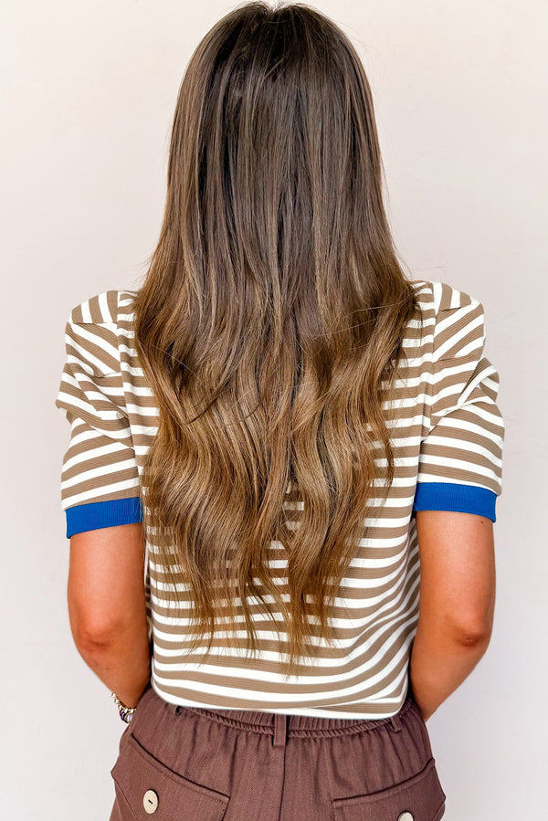 Brown Stripe Short Puff Sleeve Contrast Trim Round Neck Tee