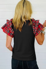 Black Pearl Plaid Ruffle Sleeve Loose T Shirt