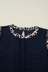 Navy Blue Ribbed Contrast Leopard Patchwork Short Sleeve Top