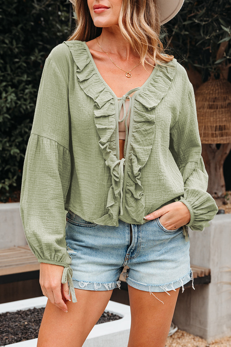 Meadow Mist Green Bow Tie Front Ruffle Trim V Neck Long Sleeve Blouse