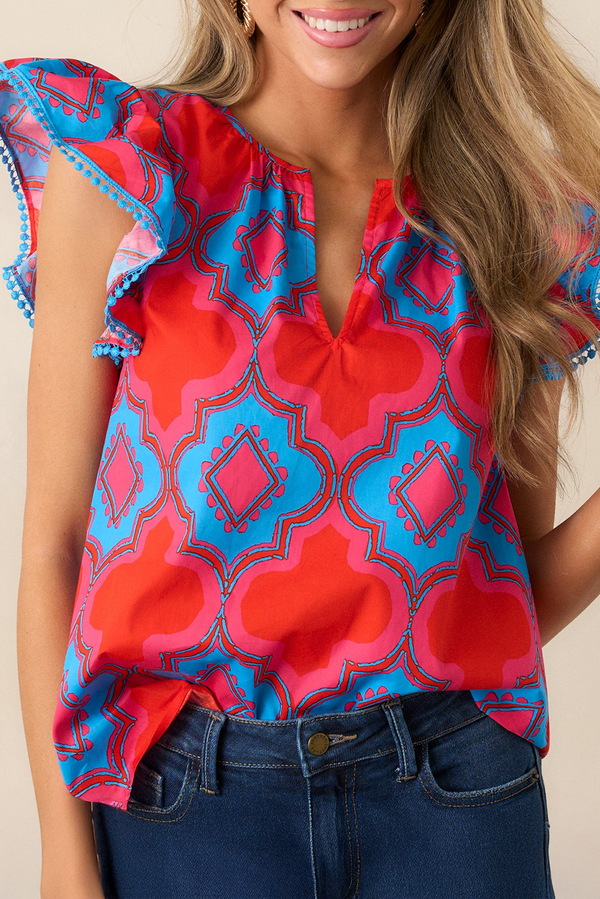 Red Abstract Print V Neck Ruffle Shoulder Blouse