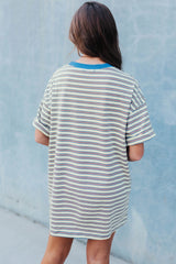 White Stripe Drop Shoulder Cuffed Sleeve Loose Tunic T Shirt Mini Dress