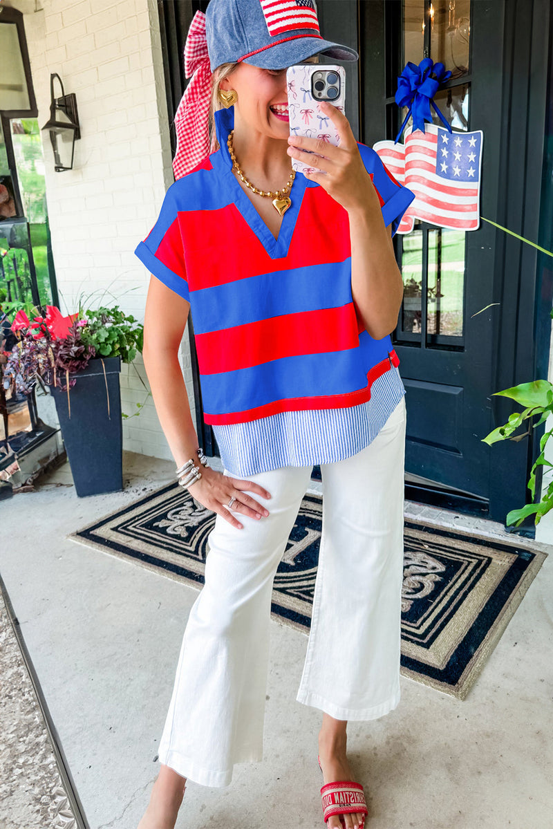Red Stripe Colorblock Patchwork Short Sleeve Collar Top