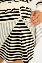 Black Stripe Textured Drop Shoulder Pullover Top Drawstring Mini Skirt Two Piece Dress Set