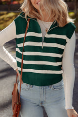 Blackish Green Ribbed Half Zip Collared Sweater Vest