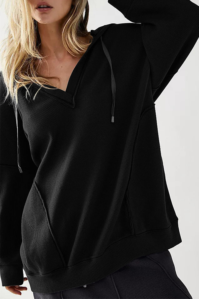 White Oversize Waffle Drop Shoulder Exposed Seam V Neck Hoodie