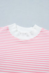 Sky Blue Stripe Cuffed Sleeve Contrast Mock Neck Tee Casual 2pcs Short Set