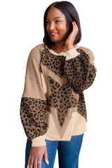 Light French Beige Star Leopard Patchwork Sweatshirt