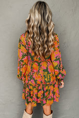 Multicolour Floral Print Long Sleeve Smocked Ruffled Mini Dress