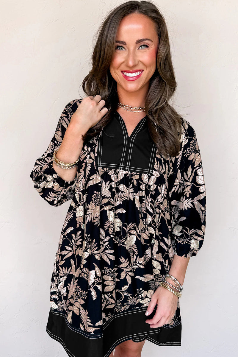 Black 3/4 Sleeve Botanical Print Split Neck Loose Mini Dress
