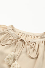 Beige Casual Leopard Sleeve Fringe Split Neck Blouse