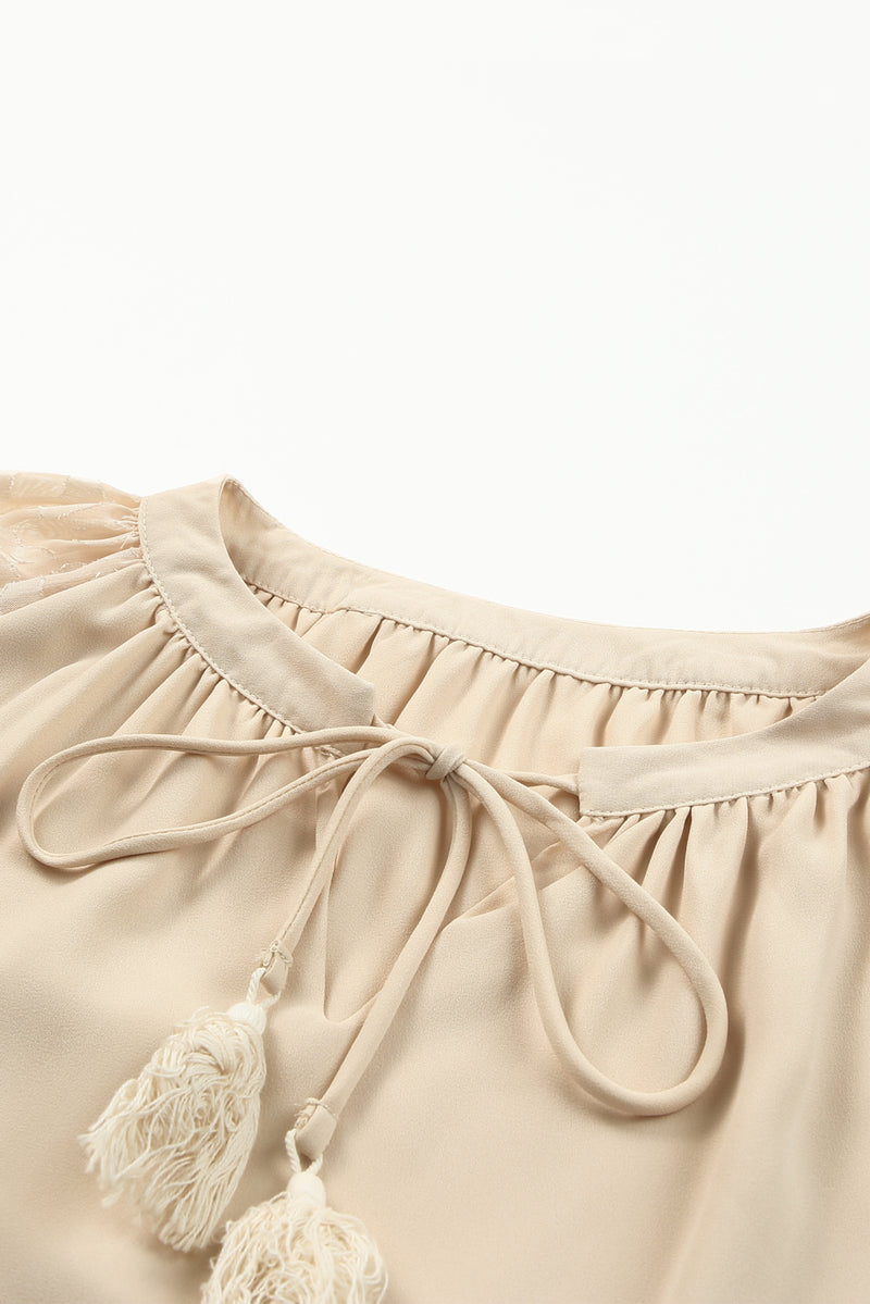 Beige Casual Leopard Sleeve Fringe Split Neck Blouse