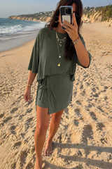Laurel Green Solid Color Oversize Tee Tie Wrap Mini Skort 2pcs Set