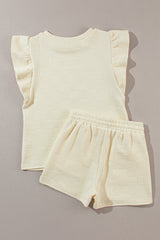 Black Textured Ruffle Sleeve Tee and Drawstring Shorts Set