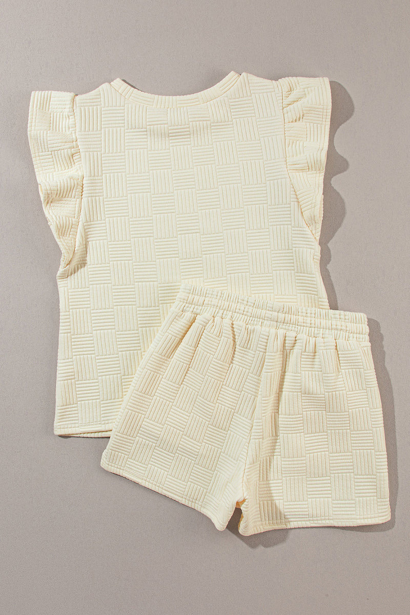 Black Textured Ruffle Sleeve Tee and Drawstring Shorts Set