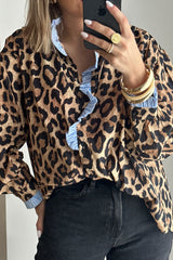 Brown Leopard Print Striped Frill Neck Button Long Sleeve Shirt