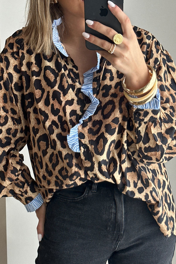 Brown Leopard Print Striped Frill Neck Button Long Sleeve Shirt
