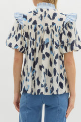Beige Abstract Animal Print Striped Ruffle Trim V Neck Blouse
