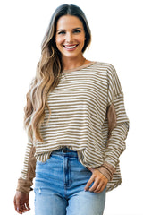Khaki Stripe Patchwork Knit Drop Shoulder Top