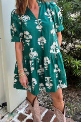 Black Frilled V Neck Puff Short Sleeve Floral Mini Dress