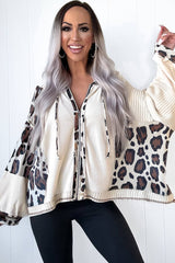 Apricot Leopard Mixed Texture Patchwork Zip Up Drop Shoulder Hoodie