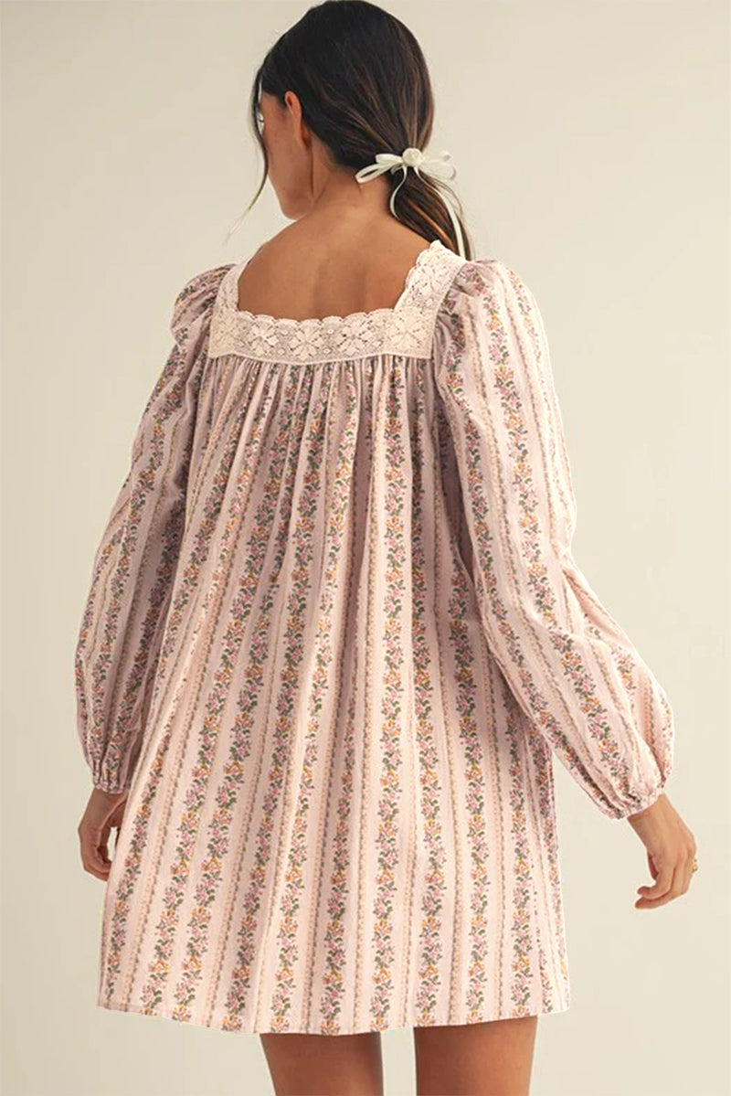 Khaki Velvet Bow Front Floral Print Long Sleeve Short Dress