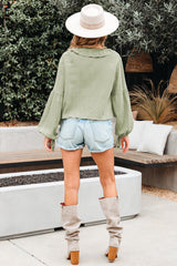 Meadow Mist Green Bow Tie Front Ruffle Trim V Neck Long Sleeve Blouse