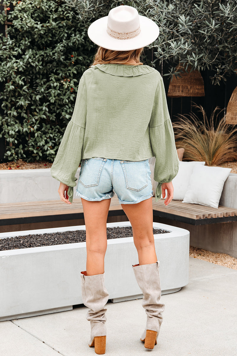 Meadow Mist Green Bow Tie Front Ruffle Trim V Neck Long Sleeve Blouse