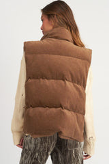 Beige Corduroy Stand Neck Zipped Puffer Vest