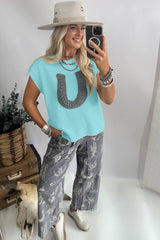 White Crochet Horseshoe Short Sleeve Knit Sweater
