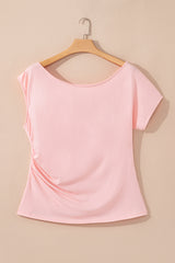 Blue Sapphire Plus Size Solid Color Asymmetric Neck Short Sleeve Blouse