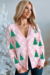 Pink Checkered Christmas Tree Pattern Button V Neck Knit Cardigan