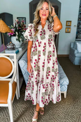 Black Floral Short Bubble Sleeve Tiered Maxi Dress