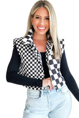 Brown Checkered Stand Collar Cropped Puffer Vest