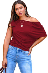 Blue Sapphire Plus Size Solid Color Asymmetric Neck Short Sleeve Blouse